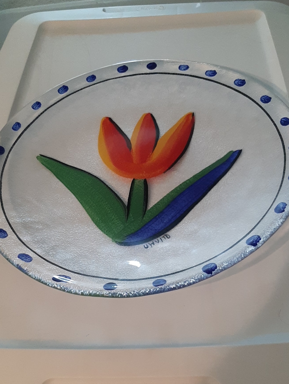 Kosta Boda Hand-Painted Floral Glass Plate - Orange And Yellow Tulip by Ulrica